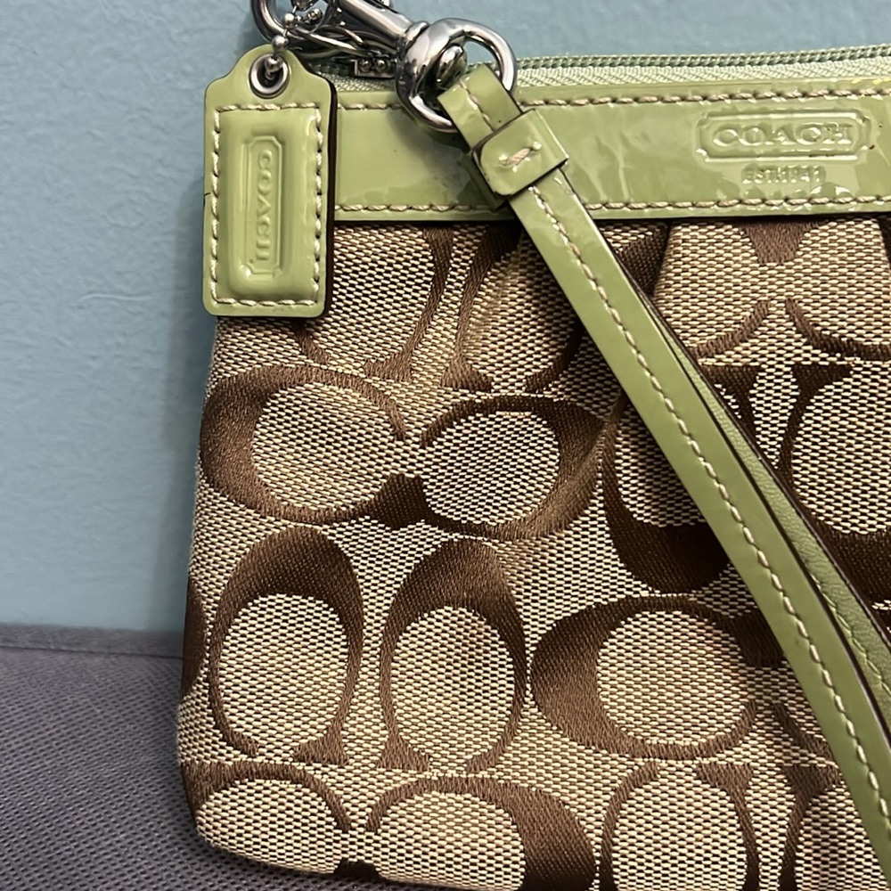 Coach signature brown, green leather trim wristlet - Picture 2 of 15